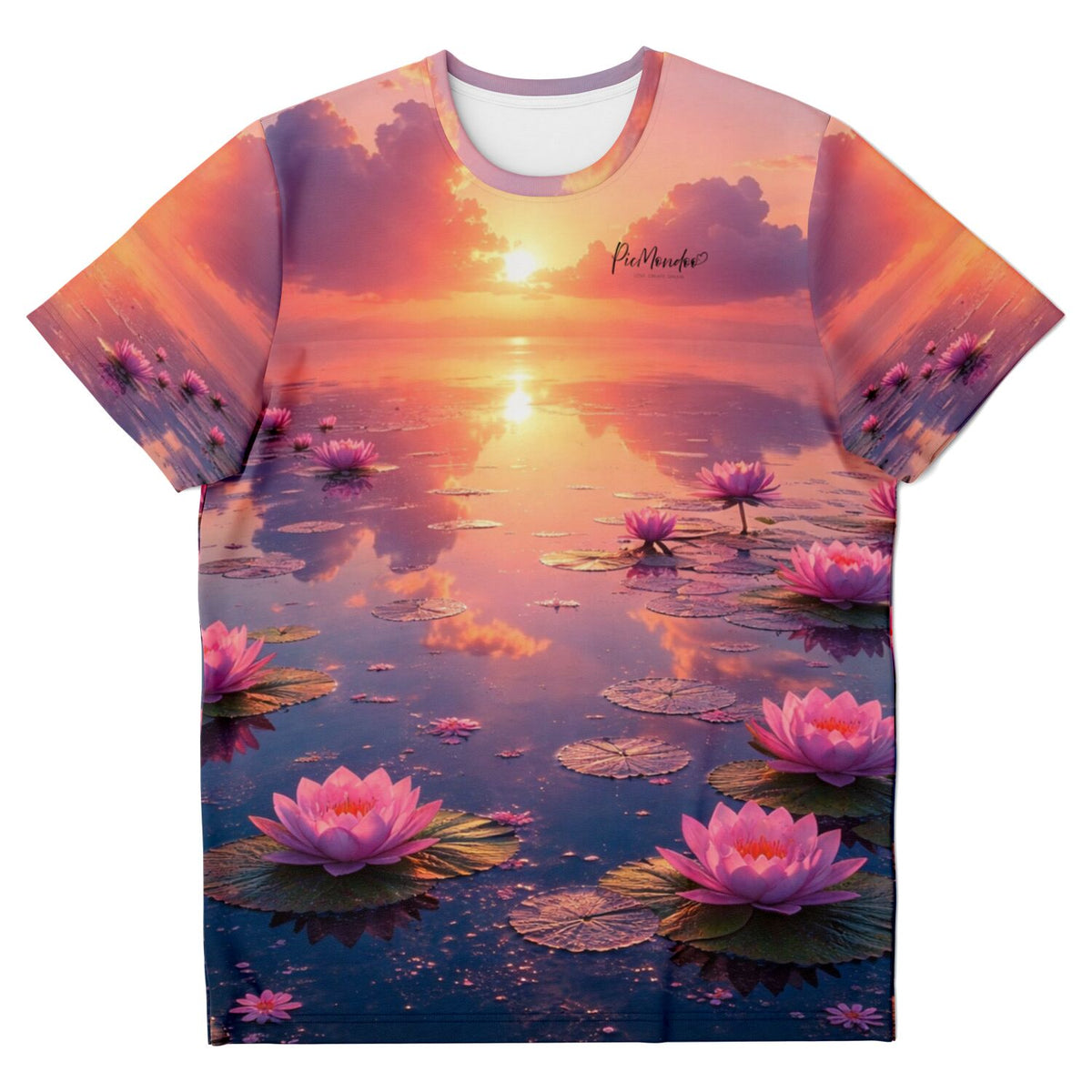 T-Shirt mit Lotusblüten und Abenddämmerung-Motiv im Stil von Diamond Painting und Malen nach Zahlen Designs