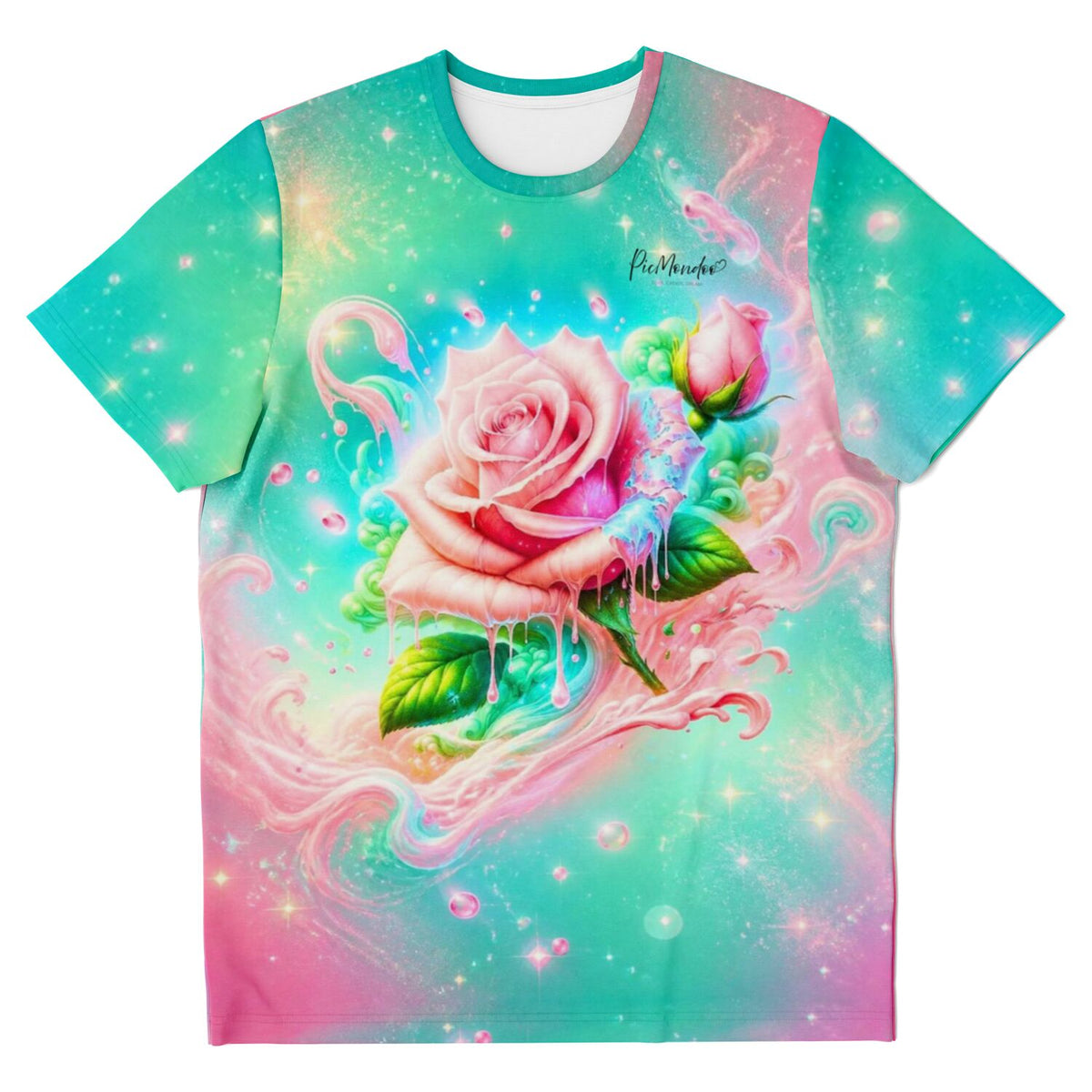 Dreamer T-Shirt Candy Rose mit lebendigem Rosen-Motiv in Pastellfarben, inspiriert durch Diamond Painting Kunststile.
