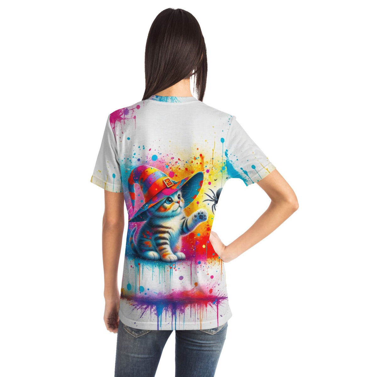 Weißes T-Shirt für Erwachsene mit buntem Kitty Cat Zauberkatzen-Motiv, inspiriert von Diamond Painting und Malen nach Zahlen