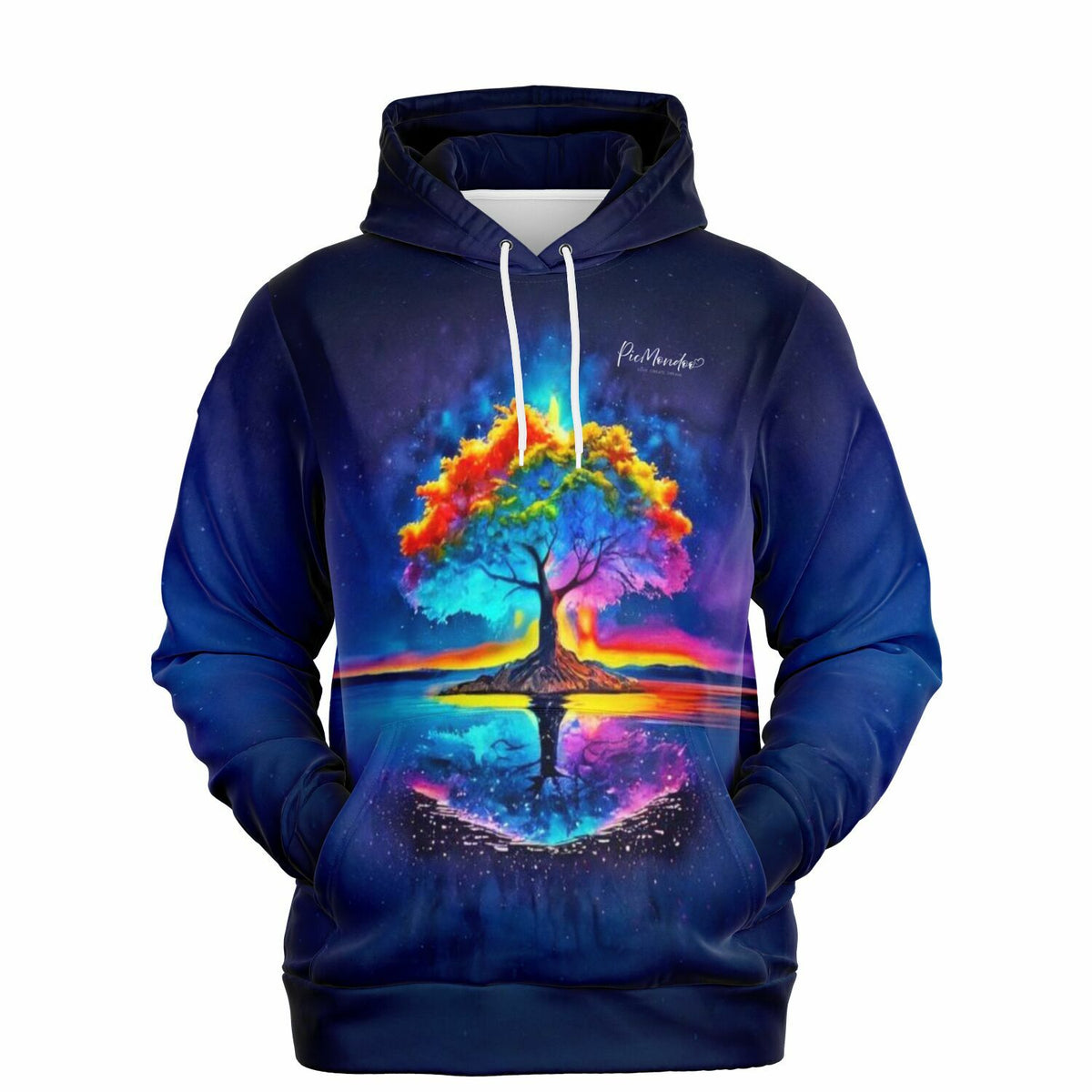 Dreamer Hoodie von Picmondoo mit farbenfrohem Regenbogen-Baum Motiv im Stil beliebter Diamond Painting Kunstwerke.