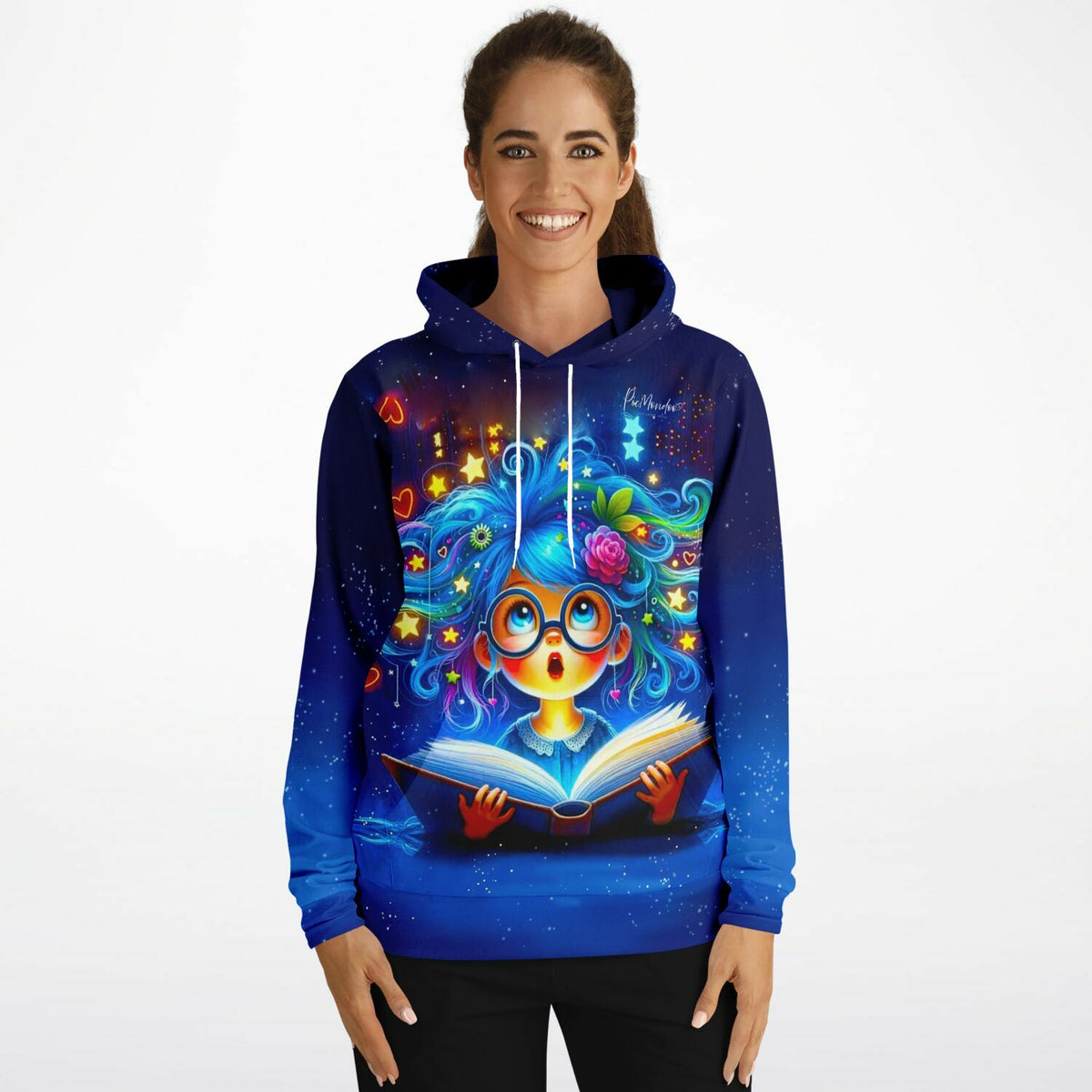Dreamer Hoodie Lesemaus Josephine mit farbenfrohem Fantasy-Motiv, inspiriert durch Diamond Painting und Malen nach Zahlen