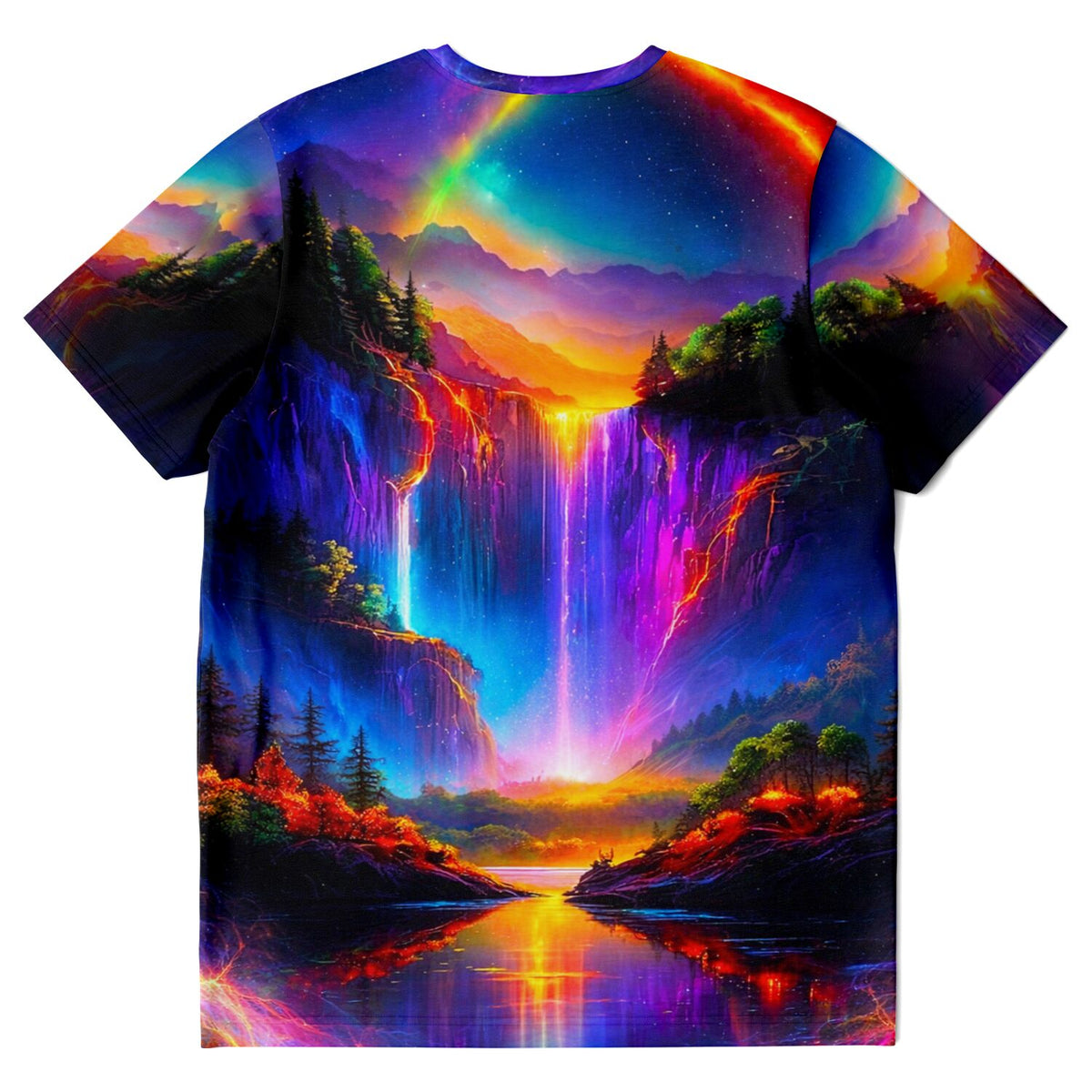 T-Shirt mit farbenfrohem Wasserfall-Motiv im Stil von Diamond Painting, leuchtende Naturlandschaft für DIY-Fans