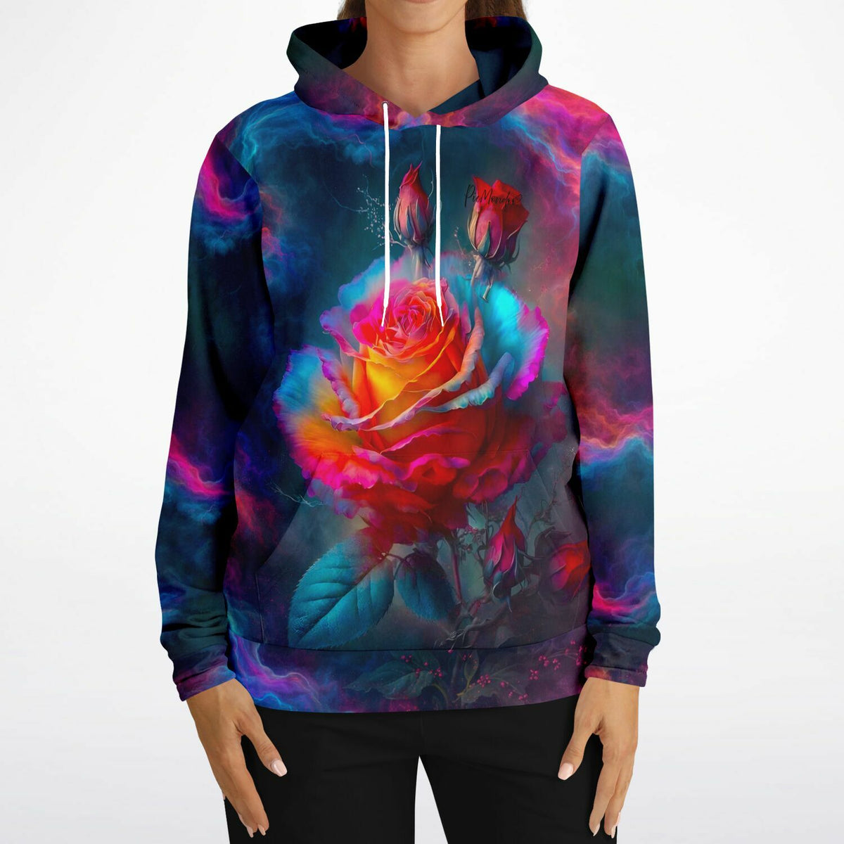 Dreamer Hoodie mit farbenprächtigem Rosenblüten-Motiv in leuchtenden Galaxie-Farben für Kunst- und DIY-Liebhaber
