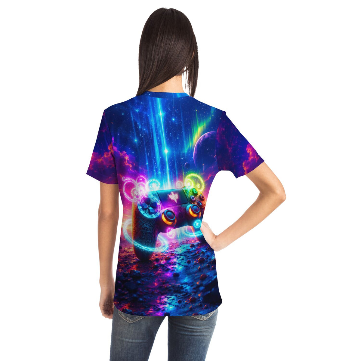 T-Shirt mit Gamer Universum Motiv und Controller in leuchtenden Galaxie Farben für Gaming Fans