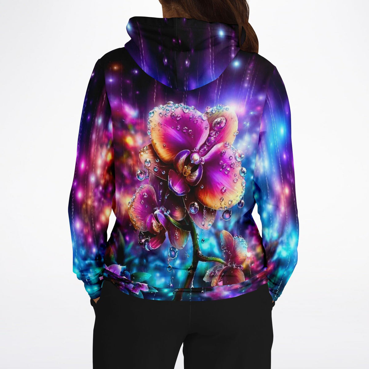 Dreamer Hoodie Regenkuss mit farbenfrohem Orchideen-Motiv, das an Diamond Painting und Malen nach Zahlen Kunst erinnert