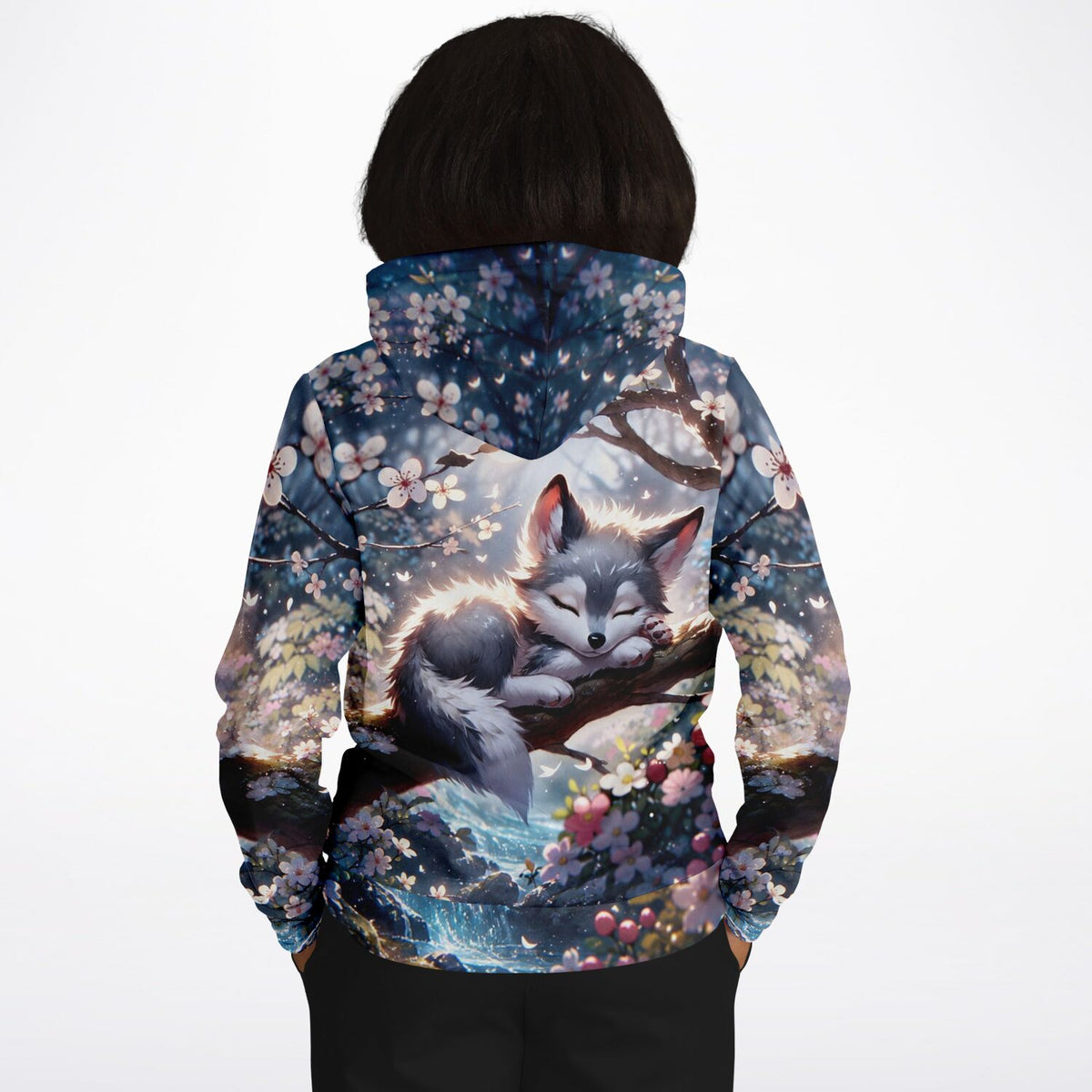 Dreamer Hoodie Yukis Frühling mit schlafendem Wolf in Kirschblüten, All-Over-Print im Stil von Malen nach Zahlen Motiven