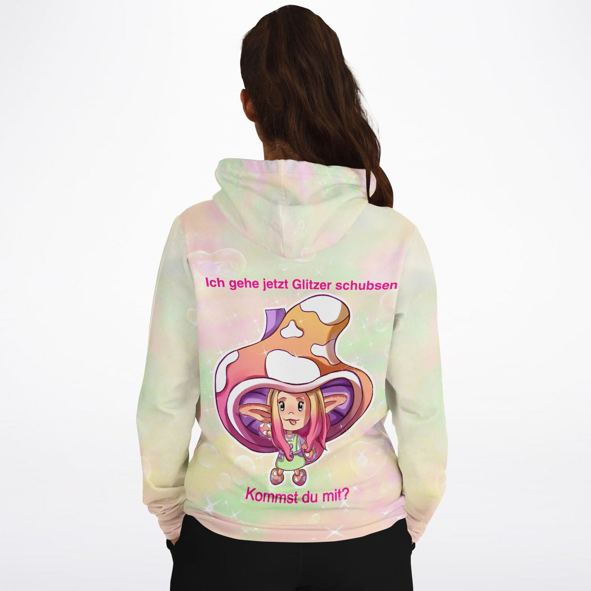 Dreamer Hoodie Moni Shroomi Design mit süßer Pilz-Elfe, ideal für Fans von Diamond Painting und kreativen Hobbys.