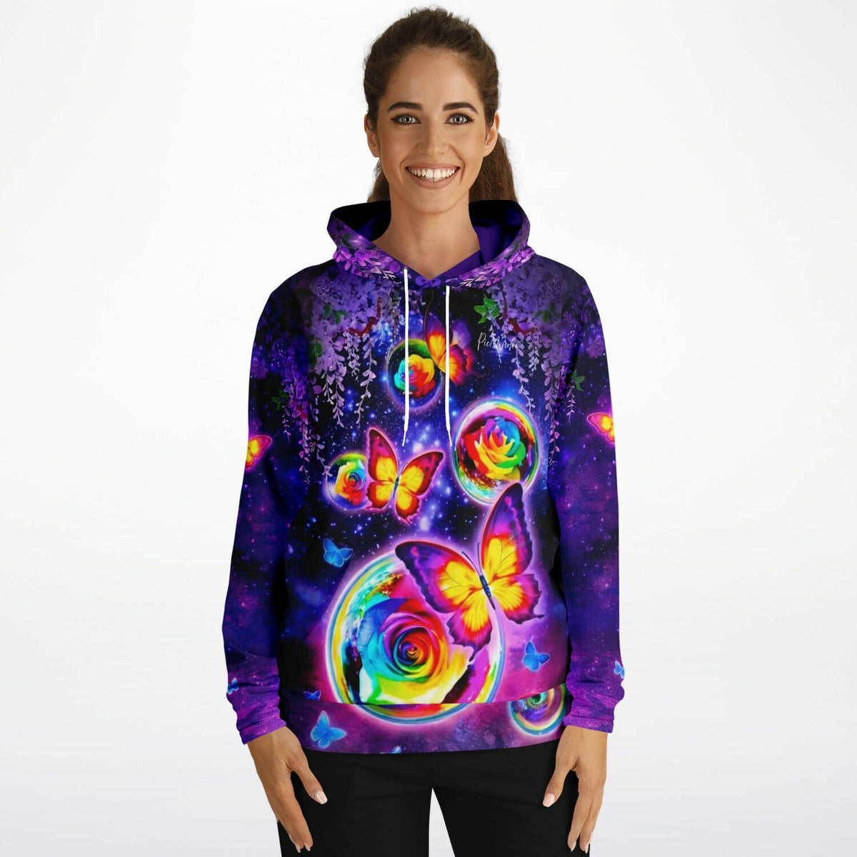 Dreamer Hoodie mit farbenfrohem Schmetterlingstanz und bunten Rosen Motiven im Diamond Painting Stil