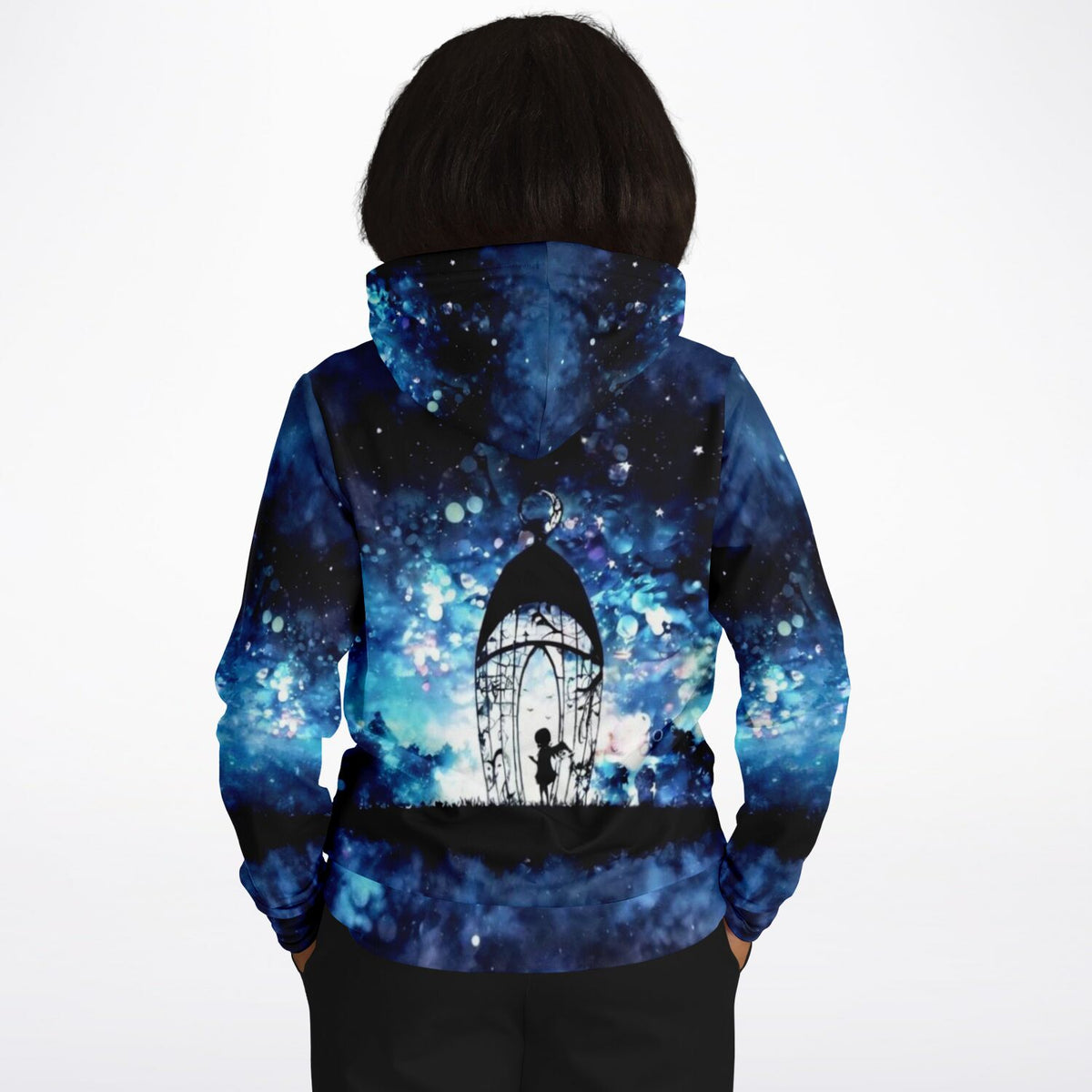 Dreamer Hoodie mit Engel der vielen Lichter Motiv im Look eines Diamond Paintings vor nächtlichem Sternenhimmel