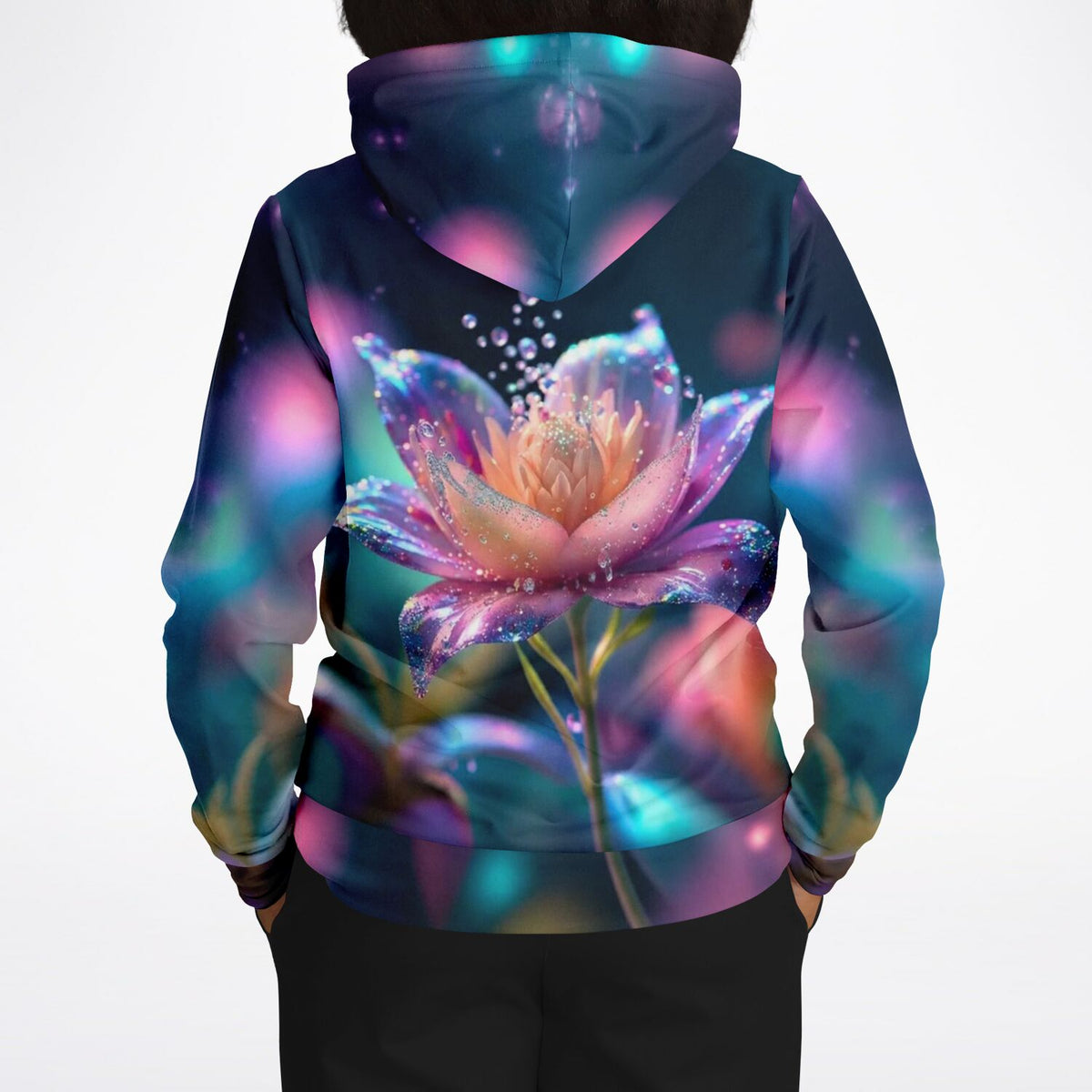 Dreamer Hoodie Sternentau mit glitzerndem Lotus-Motiv in leuchtenden Farben, inspiriert durch Diamond Painting Ästhetik