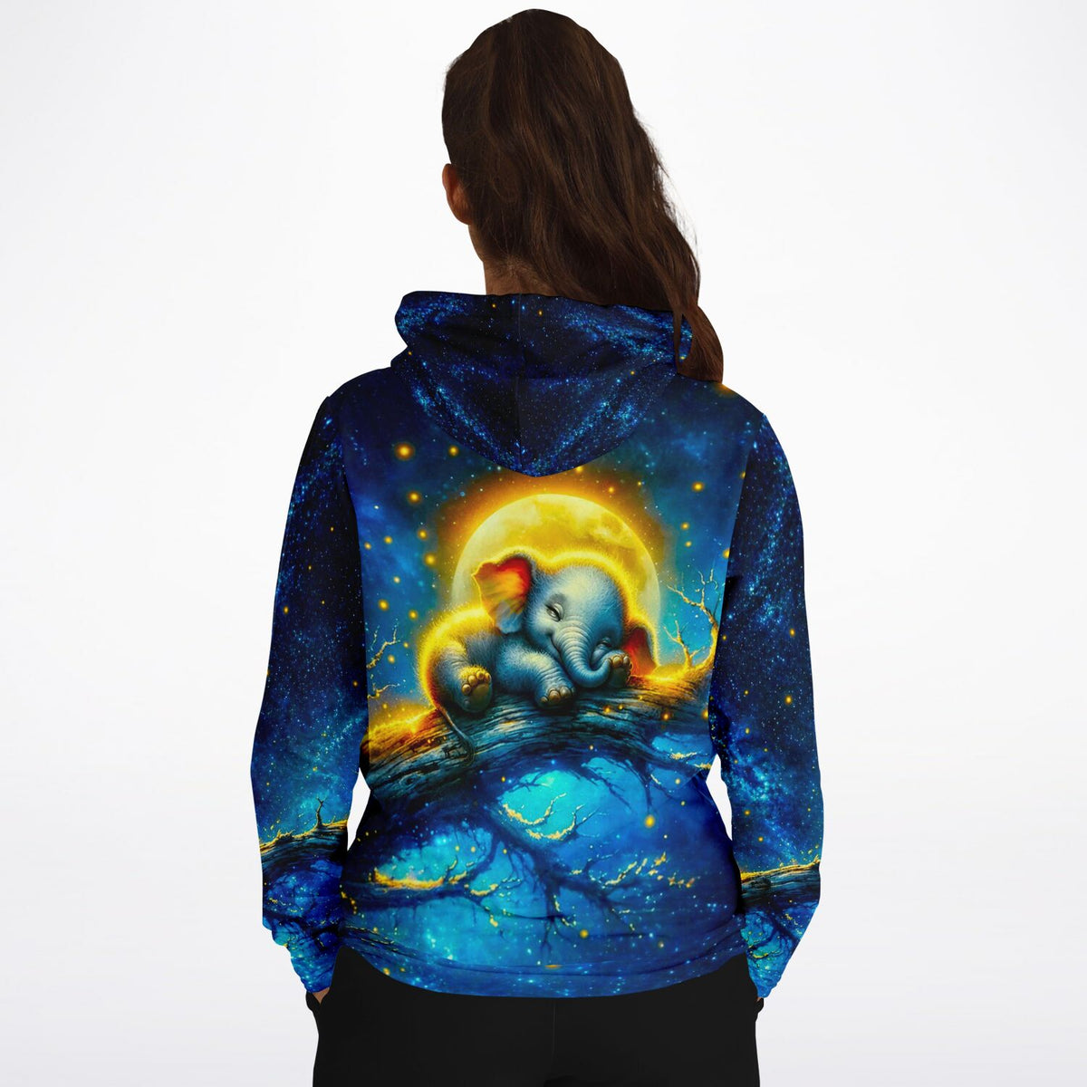 Dreamer Hoodie mit Mondschein-Elefant Motiv im Stil von Diamond Painting und Malen nach Zahlen Kunstwerken
