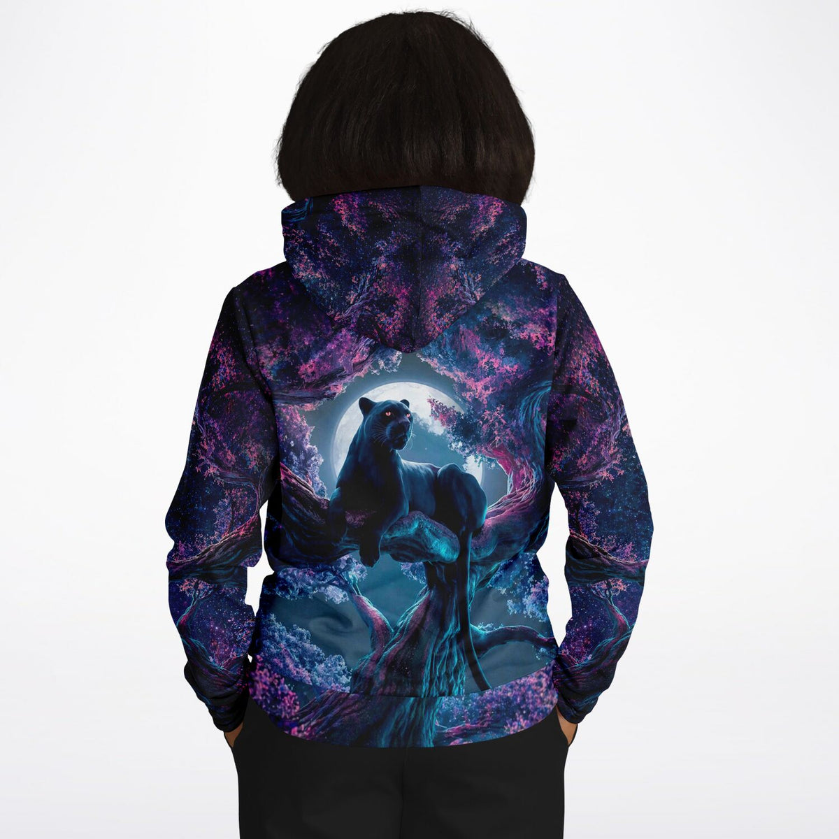 Dreamer Hoodie mit Black Panther Motiv in Kirschblüten bei Vollmond für Fans von Diamond Painting und Malen nach Zahlen