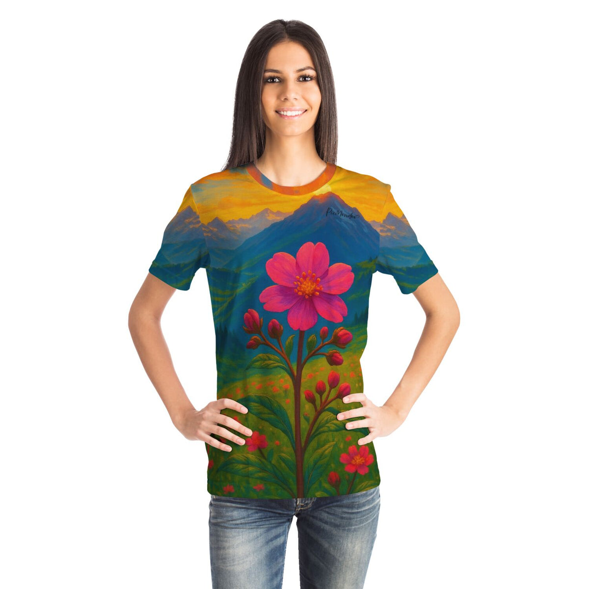 Frau trägt ein T-Shirt mit Gebirgsblume Motiv, inspiriert durch Diamond Painting und Malen nach Zahlen Designs