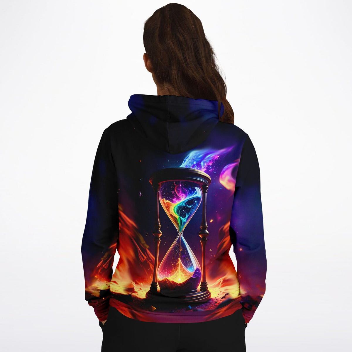 Dreamer Hoodie mit Sanduhr-Motiv Atem der Schöpfung in bunten kosmischen Farben als hochwertiger All-Over-Print