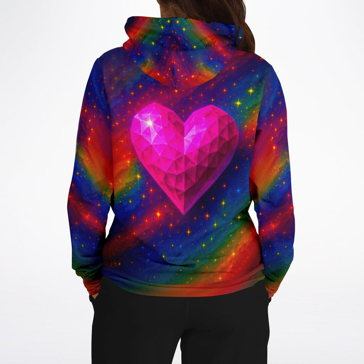 Hoodie mit pinkem Herzkristall im Galaxie-Design, inspiriert von den Farben unserer beliebten Diamond Painting Sets.