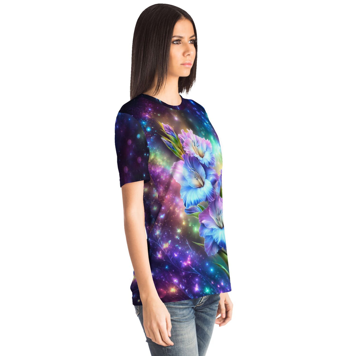 Dreamer T-Shirt mit leuchtendem Blumen-Motiv im Galaxie-Design, ideal als Inspiration für Diamond Painting oder Malen