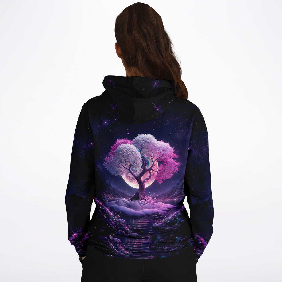 Dreamer Hoodie mit pinkem Baum im Nachthimmel-Design, ideal für Fans von Diamond Painting Motiven und kreativer Mode.
