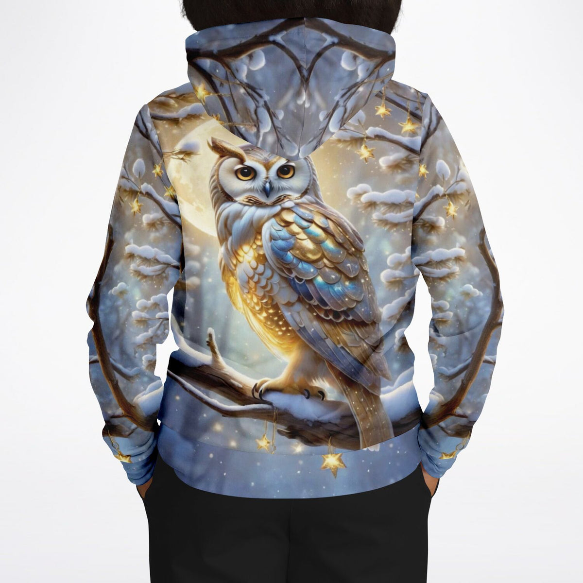 Hoodie mit goldener Schneeeule im Winter-Design, perfekt für Fans von Diamond Painting und Malen nach Zahlen Motiven.