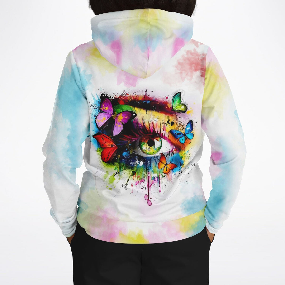 Dreamer Hoodie mit farbenfrohem Eye-of-Butterflies-Motiv im Aquarell-Stil, passend zu Diamond Painting Designs