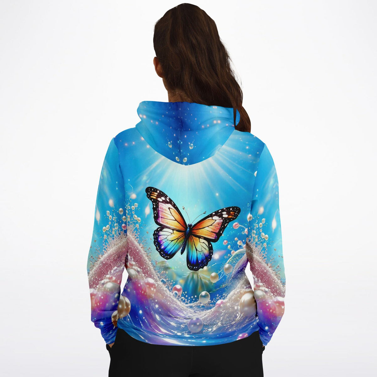 Dreamer Hoodie mit Schmetterling Motiv im Diamond Painting Look mit glänzenden Perlen und blauem Farbverlauf