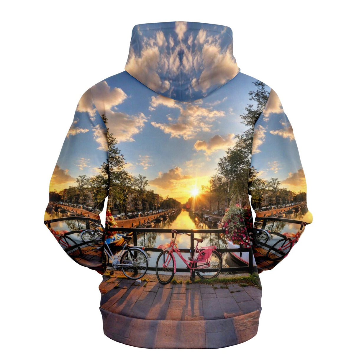Dreamer Hoodie mit vollflächigem Amsterdam Sonnenuntergang Motiv, Fahrrädern und Kanalbrücke in lebendigen Farben