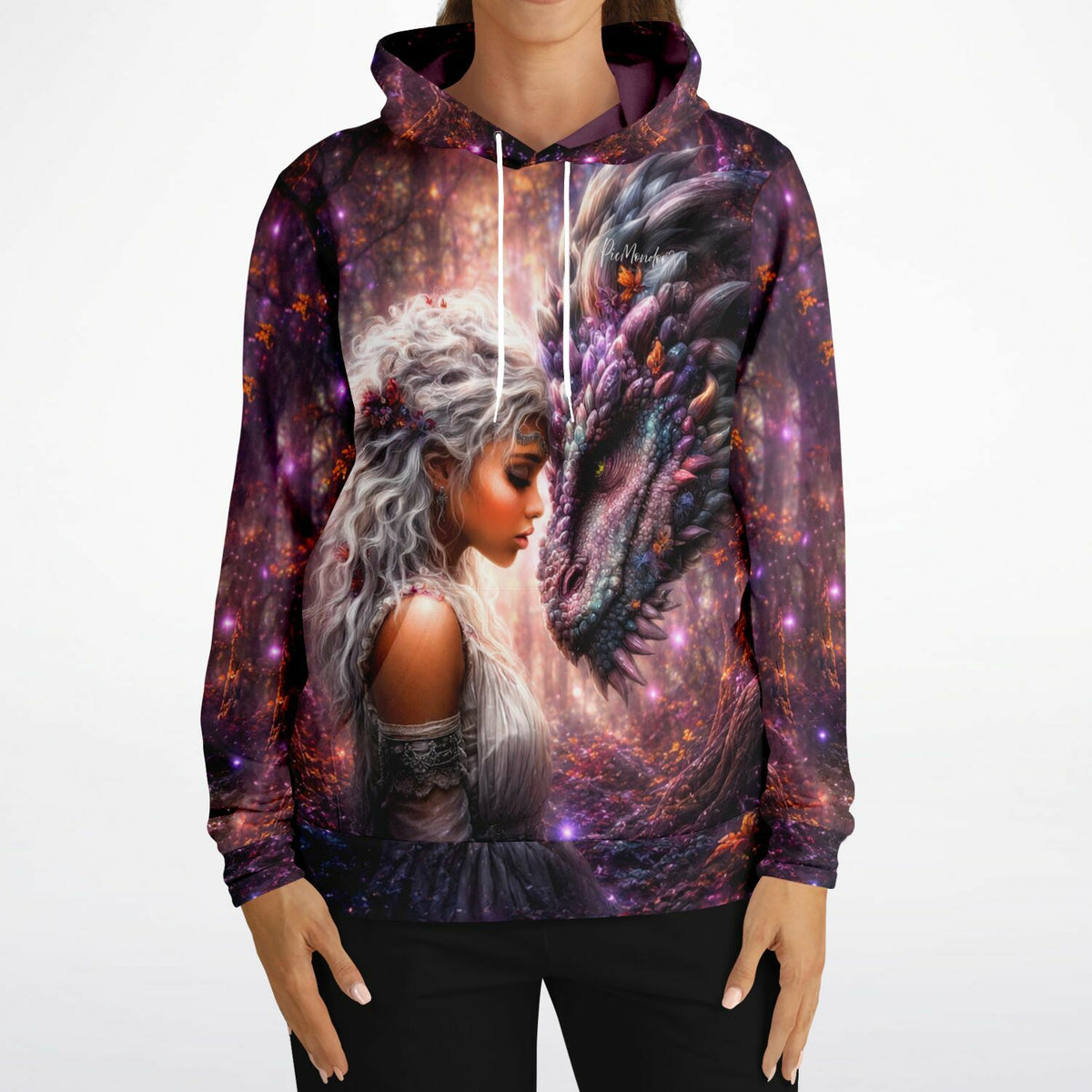 Dreamer Hoodie Seelenbund mit Fantasy-Motiv von Frau und Drache, inspiriert von Diamond Painting und Malen nach Zahlen