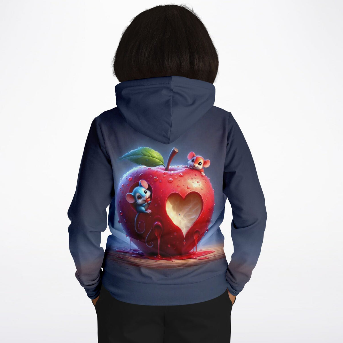 Dunkelblauer Dreamer Hoodie mit Liebes-Mäusehaus-Motiv: Roter Apfel mit Herz-Aussparung und niedlichen Mäusen als Print
