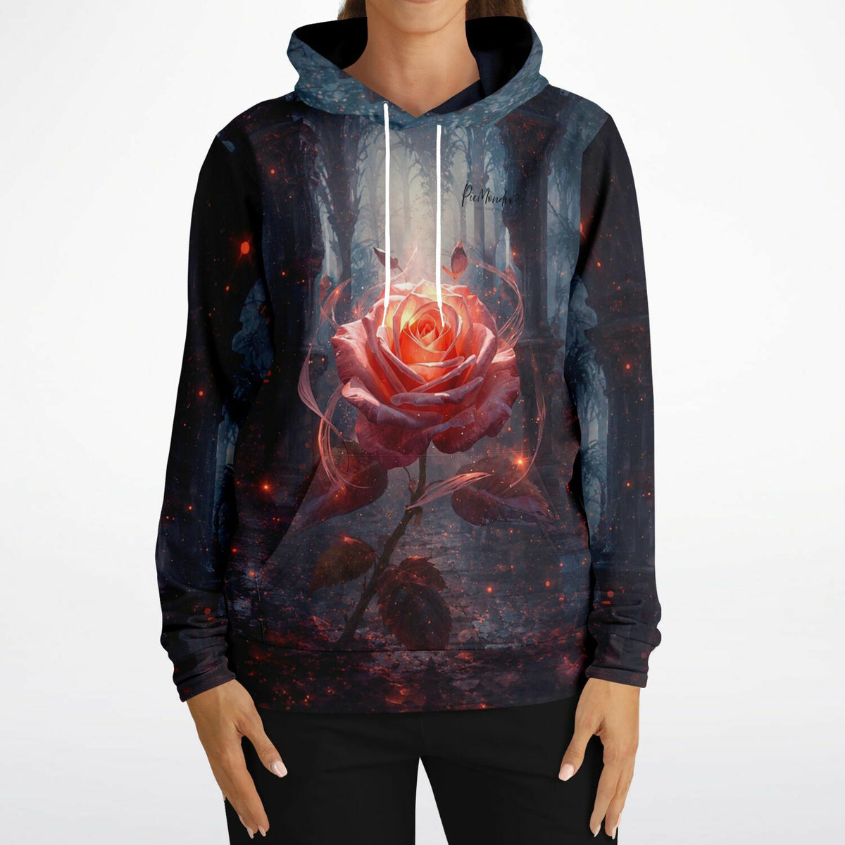 Dreamer Hoodie Herzflamme mit leuchtender roter Rose im dunklen Wald Design für DIY-Fans und Kunstliebhaber