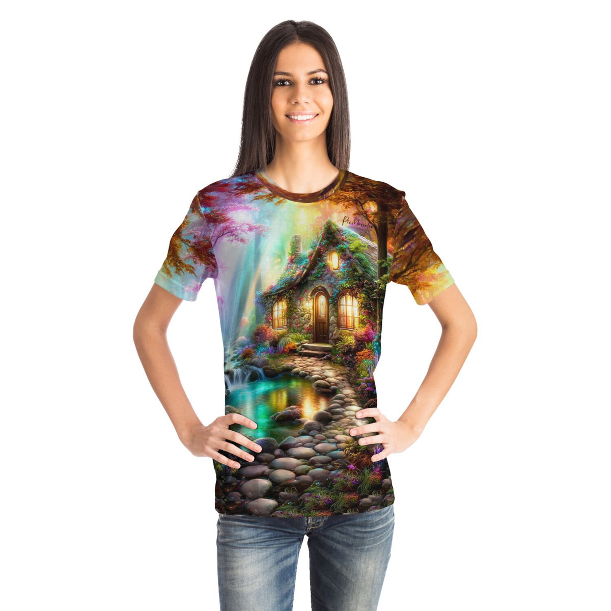Frau trägt Dreamer T-Shirt mit Heimkehr Motiv, inspiriert von Diamond Painting Kunst und Malen nach Zahlen Designs