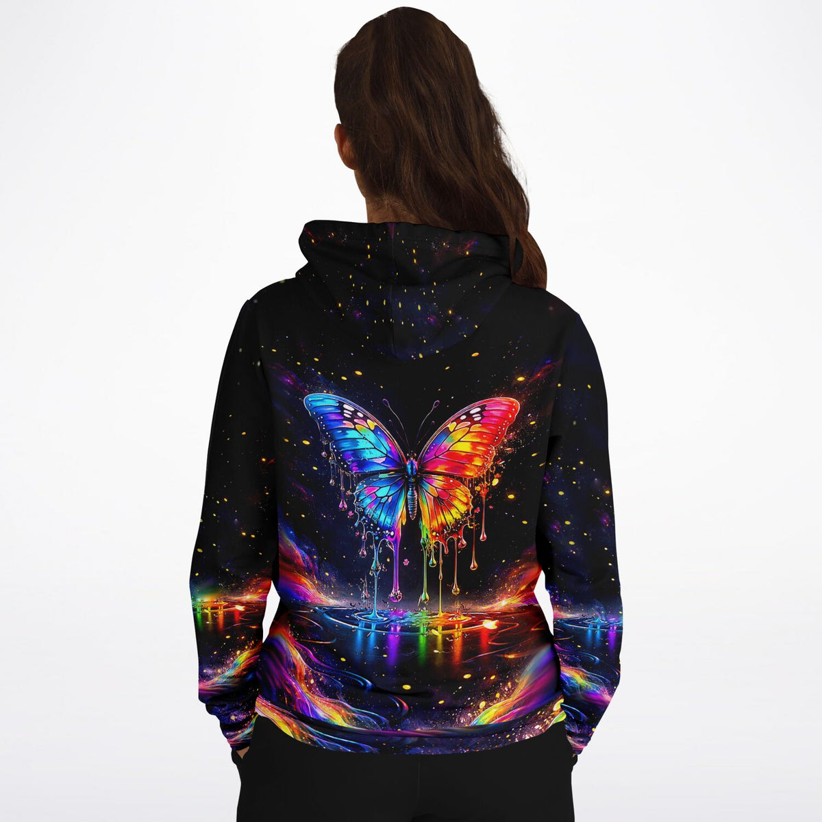 Schwarzer Hoodie mit buntem Waterdrop Butterfly Motiv im Stil eines Diamond Painting Kunstwerks