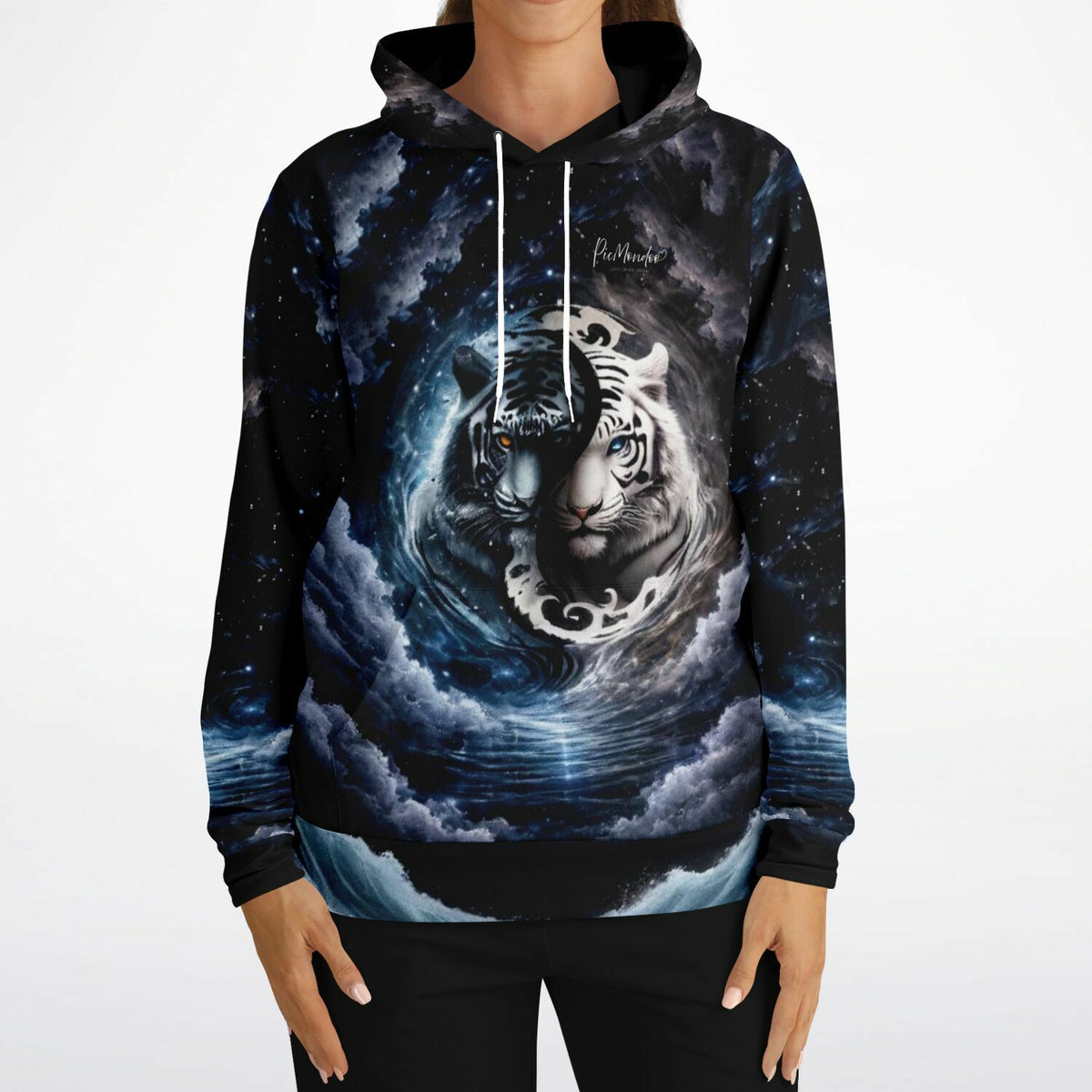 Schwarzer Hoodie mit Tiger Ying und Yang Design in galaktischem Druck für Fans von Diamond Painting und Kunstmotiven.