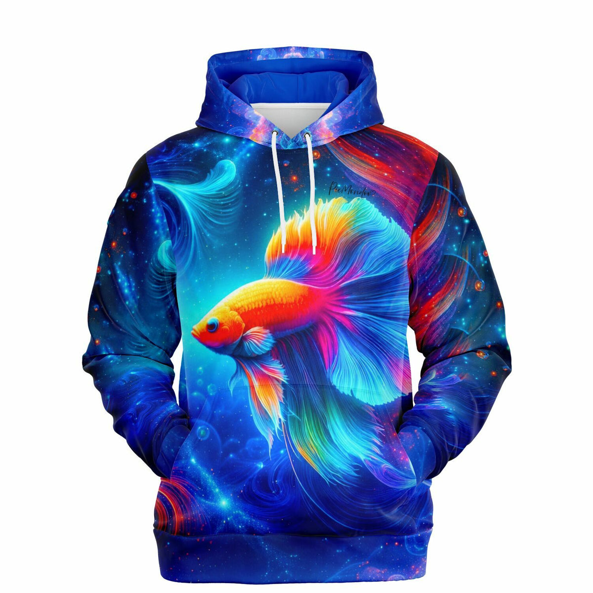 Dreamer Hoodie mit farbenprächtigem Kampffisch-Motiv in blau-türkiser Unterwasserwelt und Galaxie-Optik