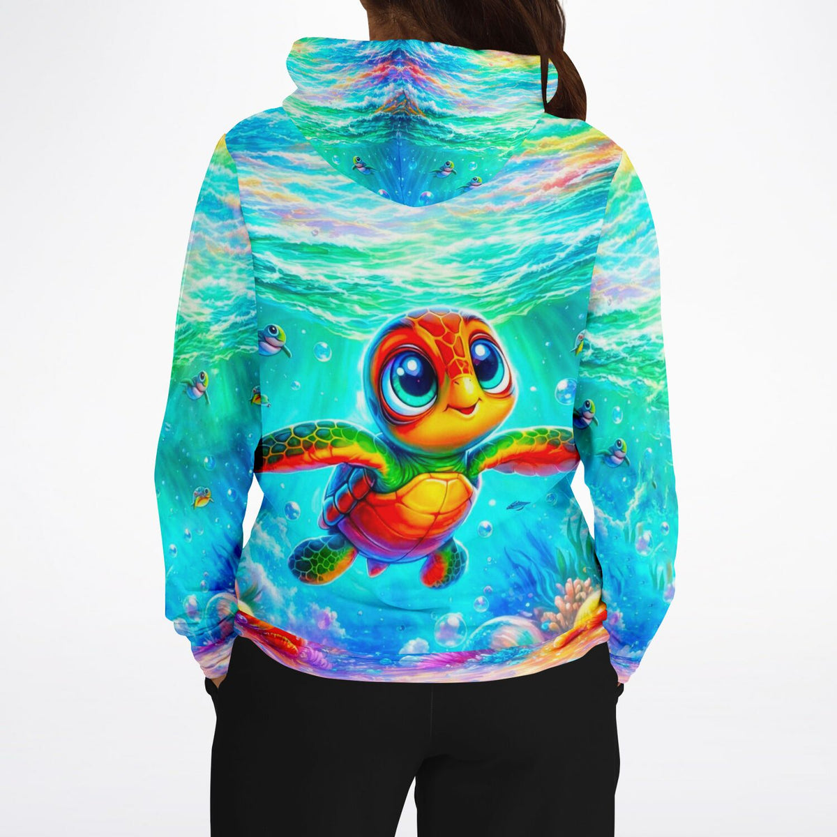 Hoodie mit buntem Meeresschildkröte-Motiv in leuchtenden Farben, inspiriert von Diamond Painting und Malen nach Zahlen Stil.