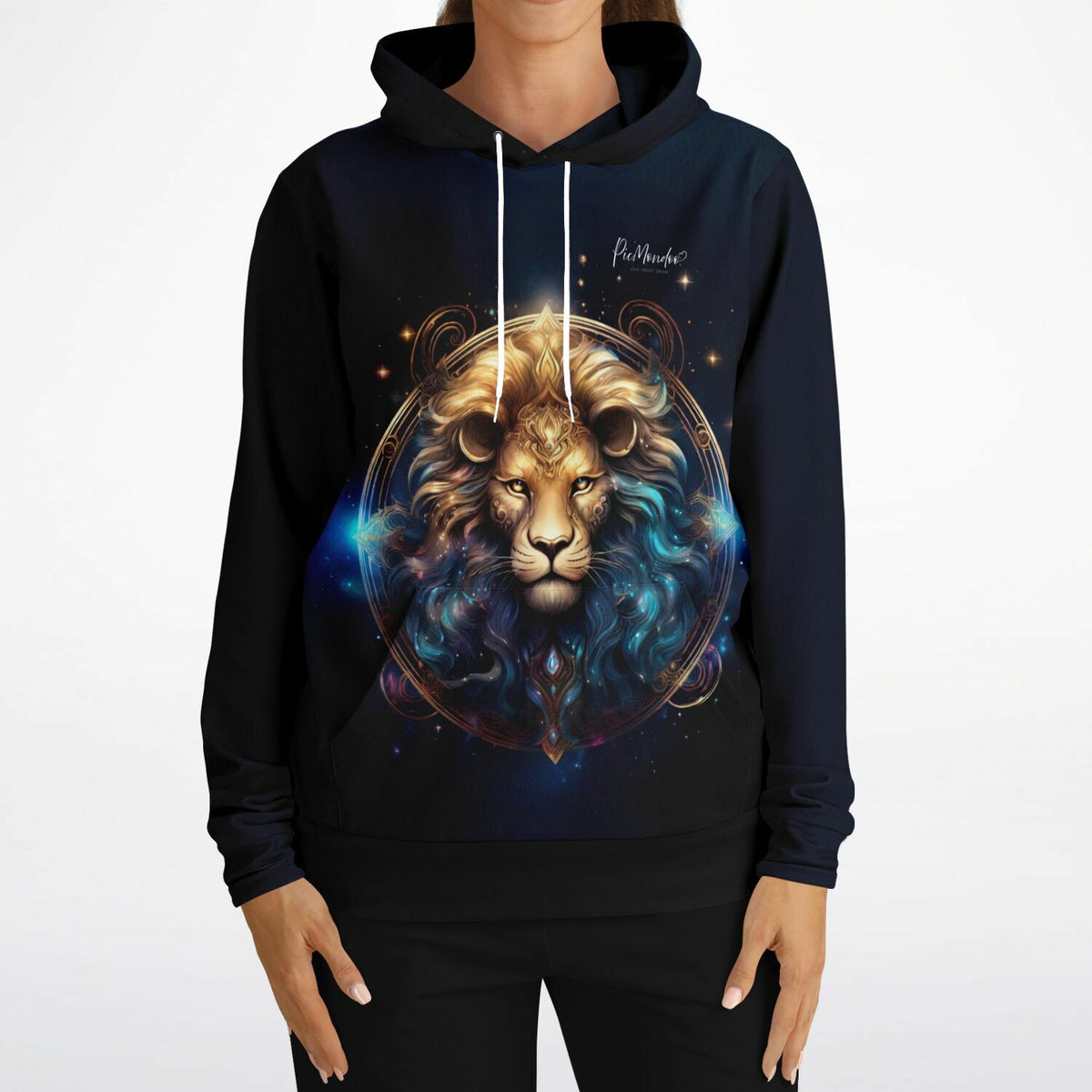 Schwarzer Picmondoo Hoodie mit magischem Sternzeichen Löwe Motiv, hochwertiger Allover-Print im Diamond Painting Stil