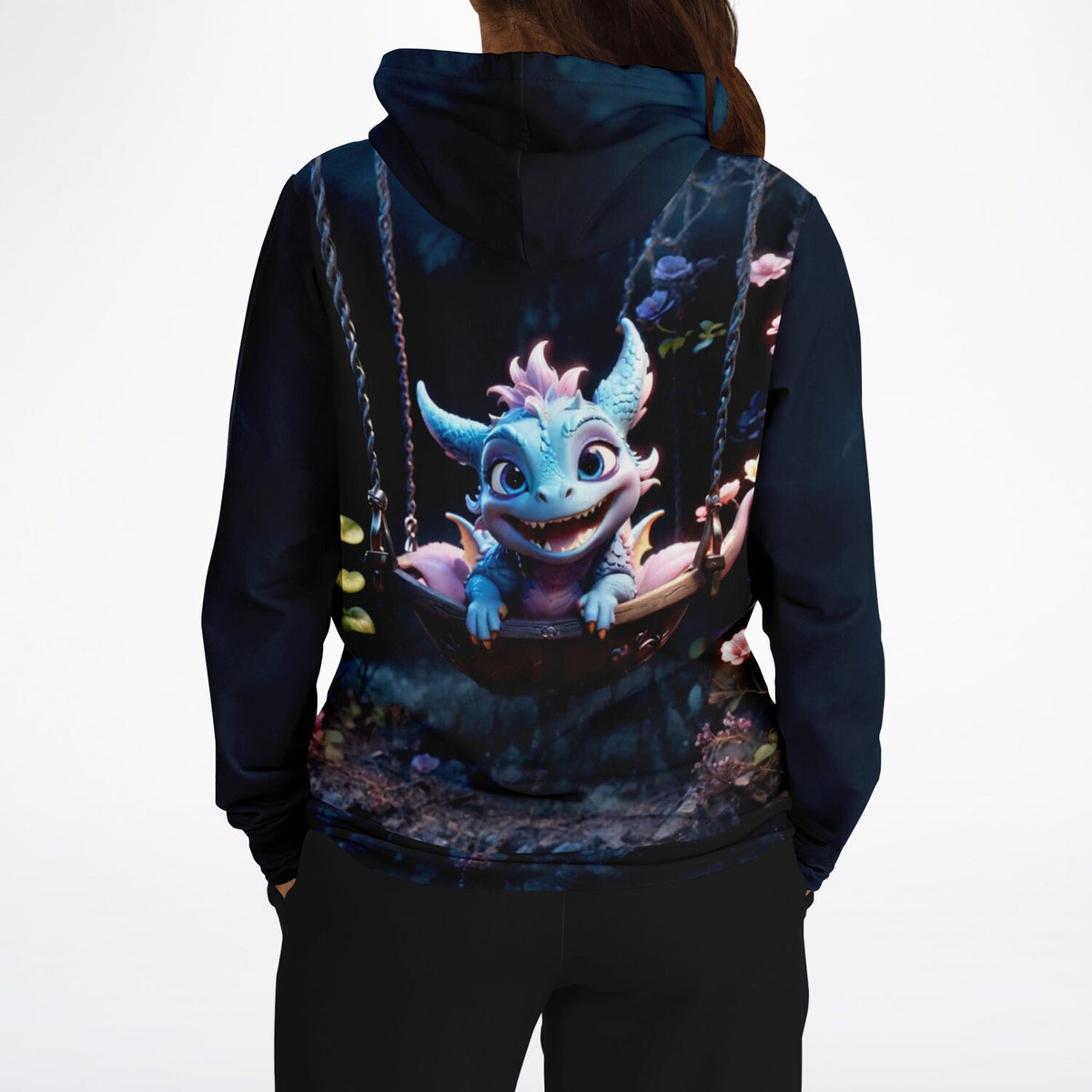 Dunkelblauer Hoodie mit süßem Drachen-Motiv auf einer Schaukel, passend zum Stil fantasievoller Diamond Painting Sets.