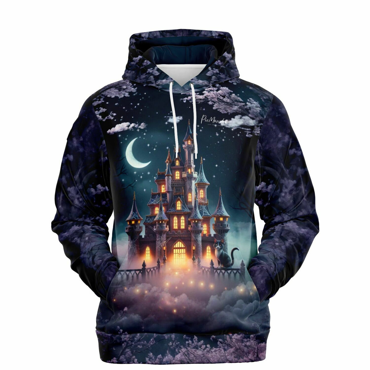 Dreamer Hoodie Nachtschloss mit magischem Schloss-Motiv, Sternenhimmel und Katze, in hochwertigem All-Over-Print Design.