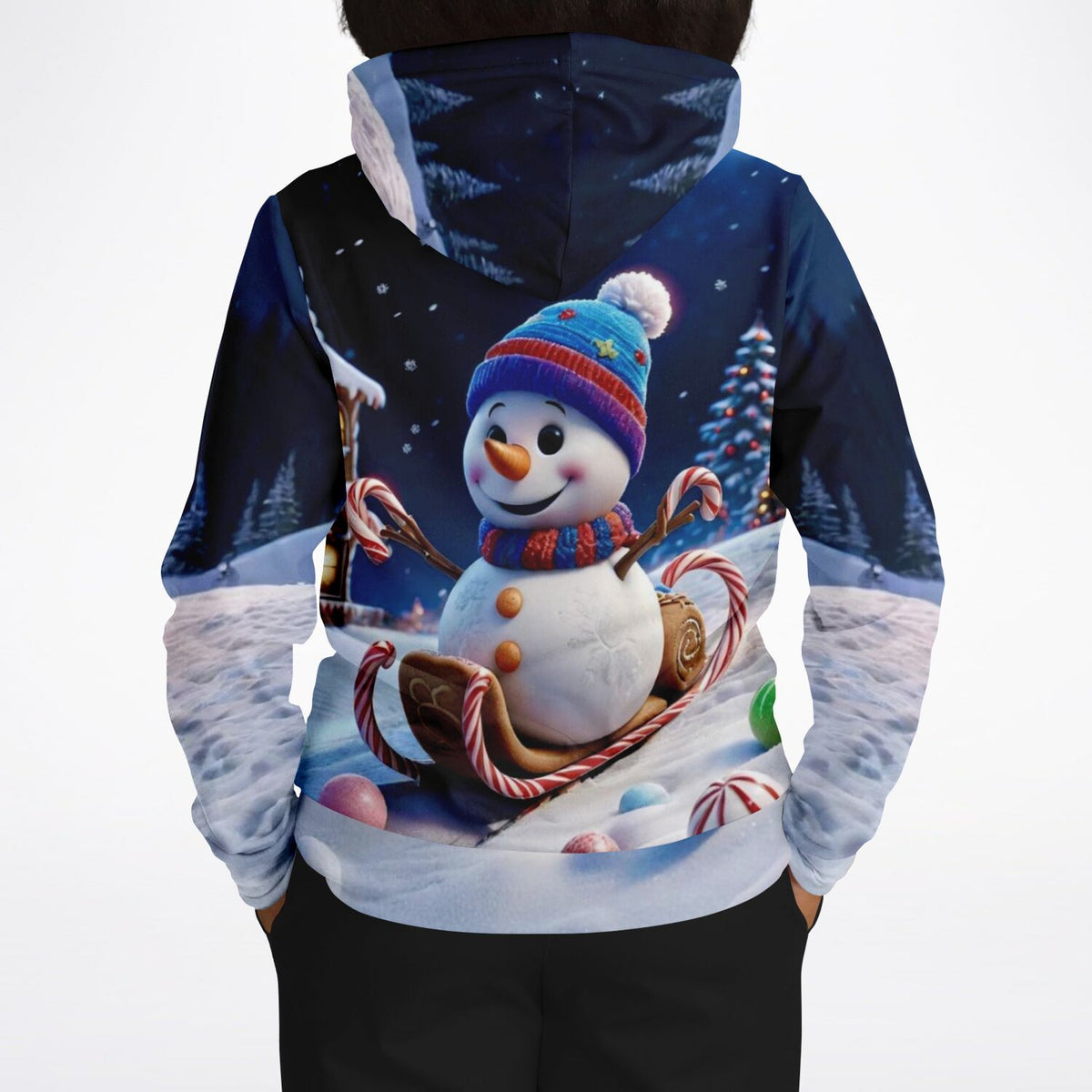 Dreamer Hoodie mit festlichem Schneemann auf einem Schlitten, inspiriert von den Motiven unserer Malen nach Zahlen Sets.