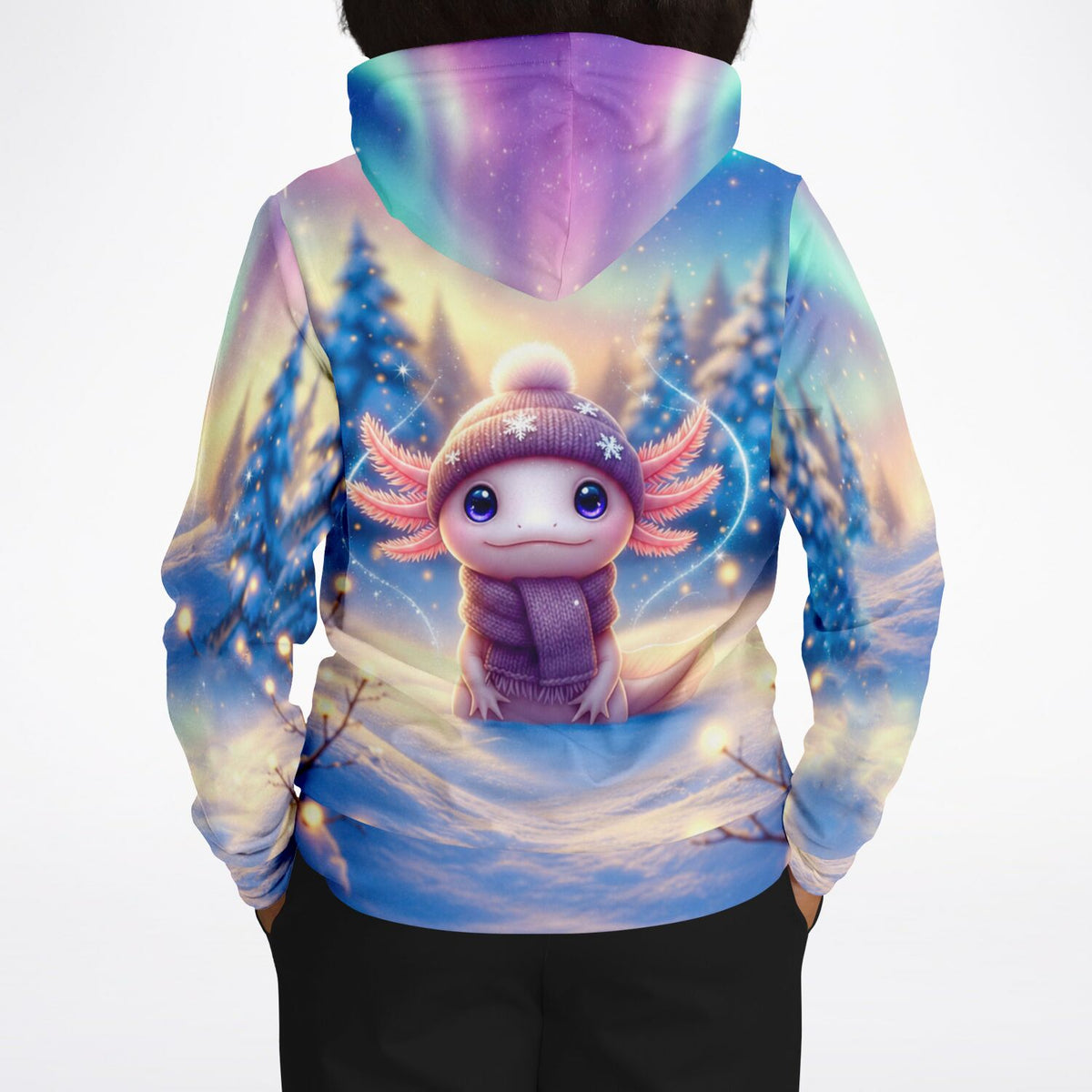 Hoodie mit süßem Axolotl im Winter-Wunderland Motiv, farbenfroher Allover-Print im Stil von Diamond Painting Kunst
