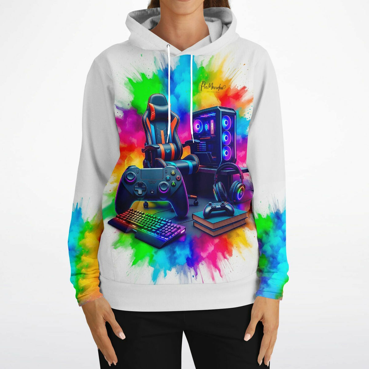 Weißer Hoodie mit Gaming-Motiv, Gaming-Stuhl, PC und Controller-Grafik im bunten Aquarell-Stil von Picmondoo