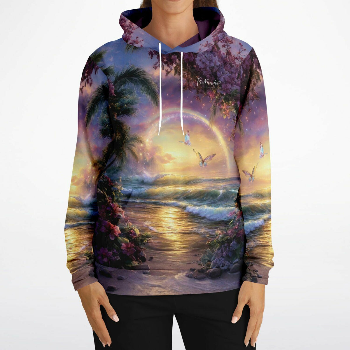 Dreamer Hoodie mit farbenfrohem Strandmotiv, Palmen und Schmetterlingen im Stil unserer Diamond Painting Sets.
