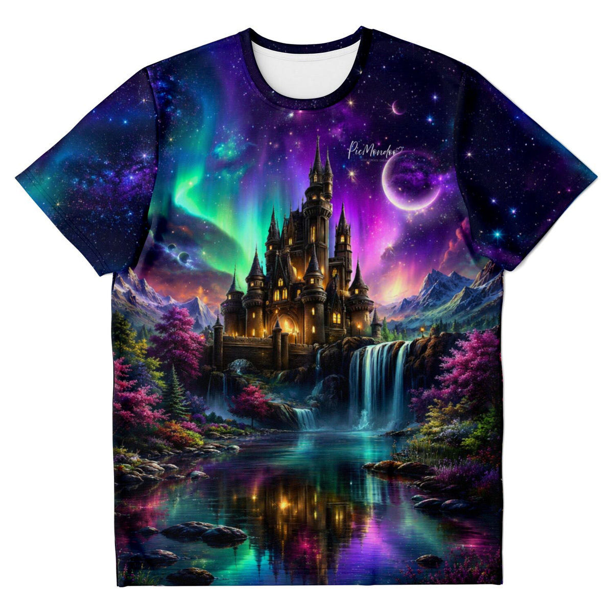 Dreamer T-Shirt Echos des Himmels mit magischem Schloss, Polarlichter und Galaxie-Motiv im Stil von Diamond Painting