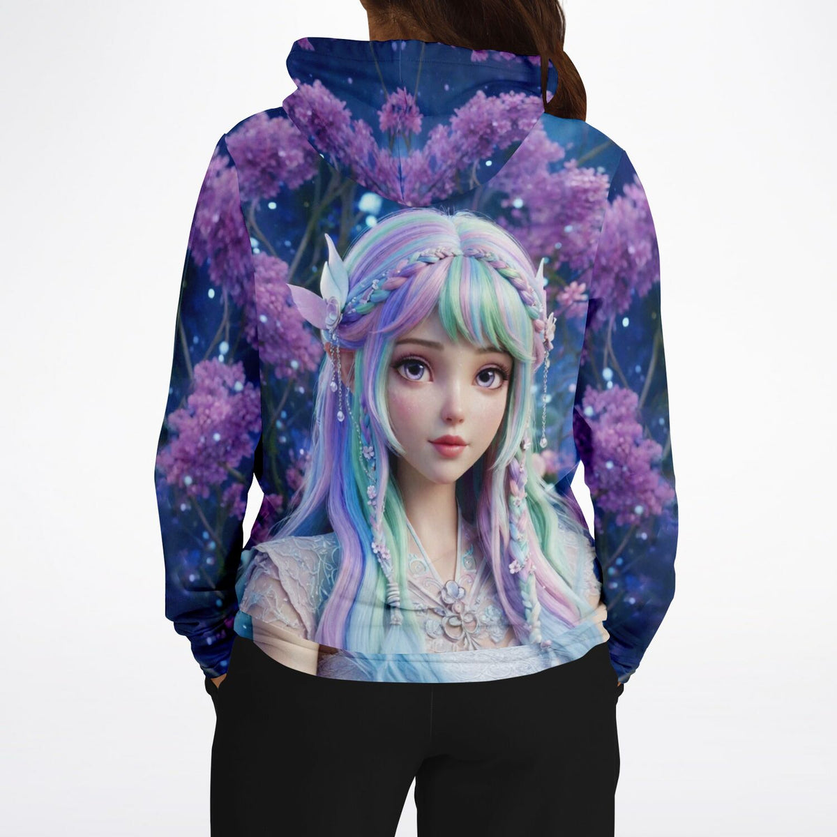 Dreamer Hoodie mit Feenprinzessin Elara Print, buntem Anime-Motiv und floralen Elementen für Fans kreativer Mode
