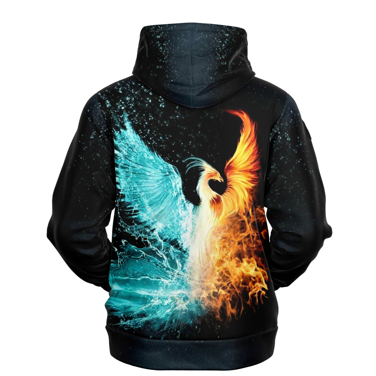 Schwarzer Dreamer Hoodie mit Phönix-Motiv aus Feuer und Wasser Elementen
