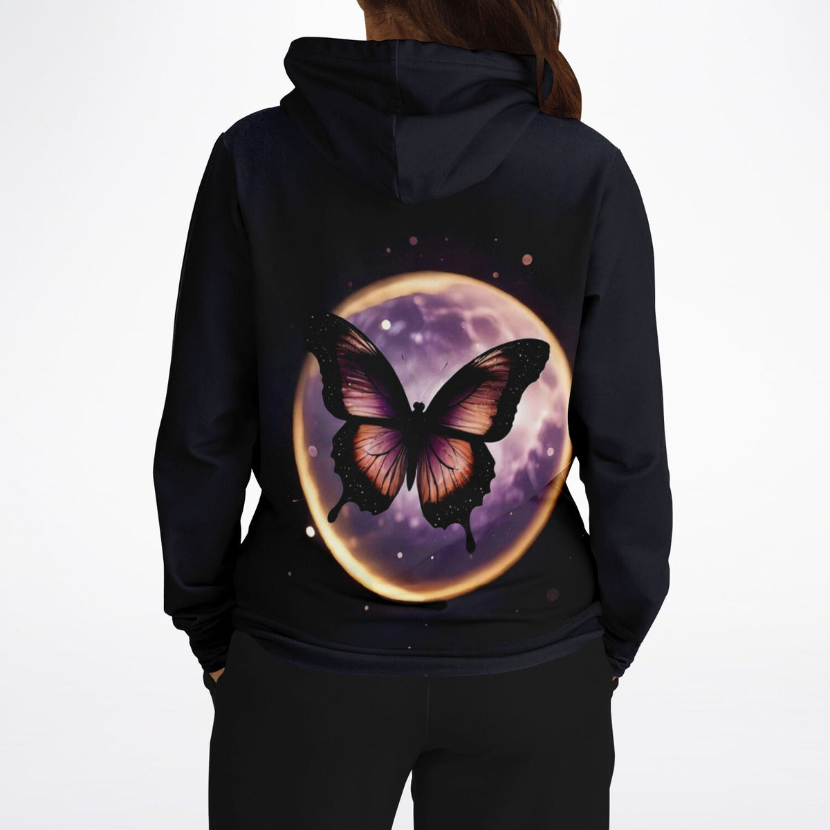 Schwarzer Hoodie mit lila Mond und Schmetterling Design für Fans von Diamond Painting und kreativen DIY-Motiven