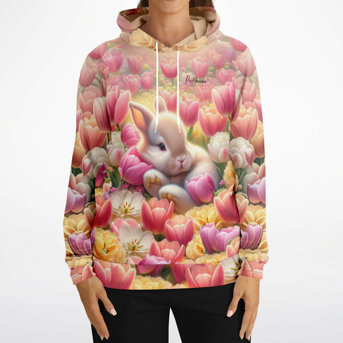 Dreamer Hoodie mit verträumtem Osterhäschen in Tulpenfeld, perfekt für Fans von Diamond Painting und Malen nach Zahlen