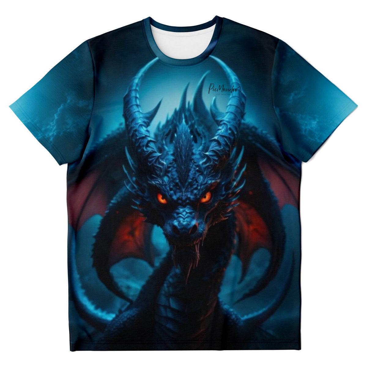 Schwarzes T-Shirt mit detailreichem Drachen-Motiv und glühend roten Augen im Stile beliebter Diamond Painting Vorlagen
