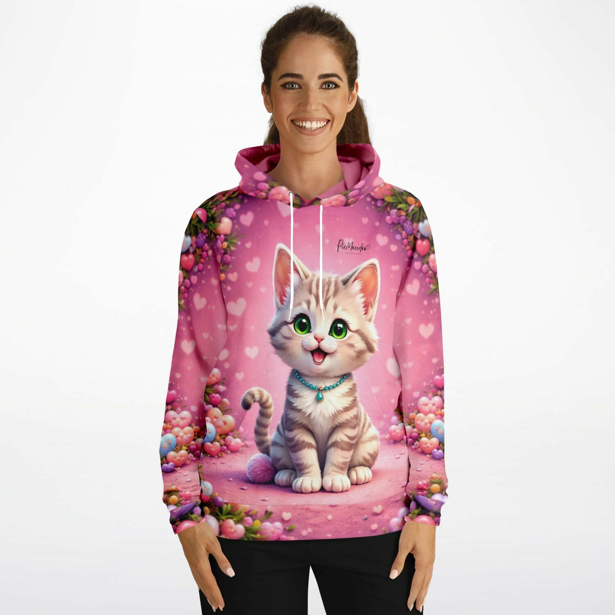 Frau trägt rosa Dreamer Hoodie mit süßem Kätzchen-Motiv im Stil unserer Diamond Painting und Malen nach Zahlen Designs