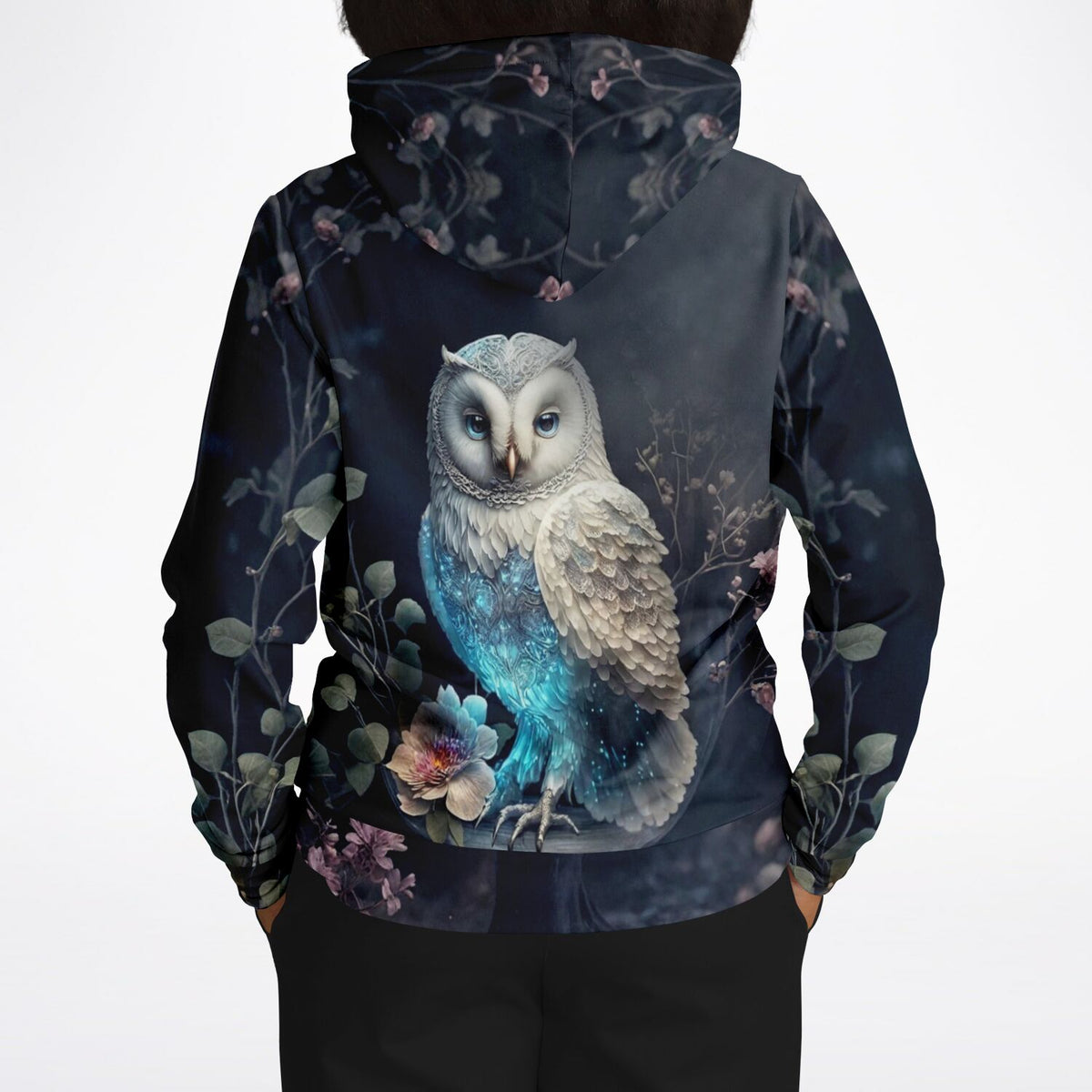 Hoodie mit detailreichem Eulen-Print in blau-weißer Optik, perfekt für Fans von Diamond Painting Motiven