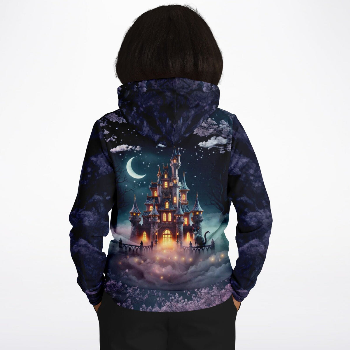Dreamer Hoodie mit Nachtschloss Motiv, ähnlich einem bezaubernden Malen nach Zahlen oder Diamond Painting Design.