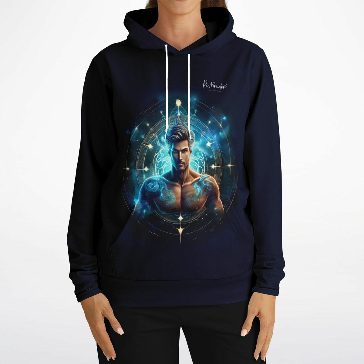 Dunkelblauer Dreamer Hoodie für Erwachsene mit mystischem Sternzeichen Wassermann Motiv im Stil unserer Diamond Painting Sets